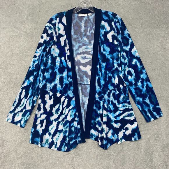 Susan Graver Cardigan Womens M Blue White Knit Open Front Stretch Lightweight - Picture 1 of 7